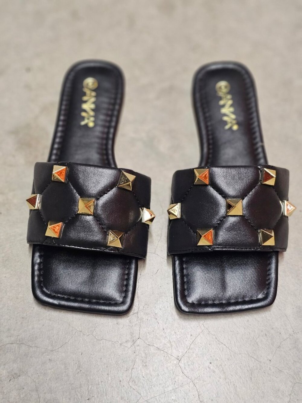 Black Quilted Slides With Gold Studded Detail For Women - Square Toe Slip-On San - Picture 4 of 10